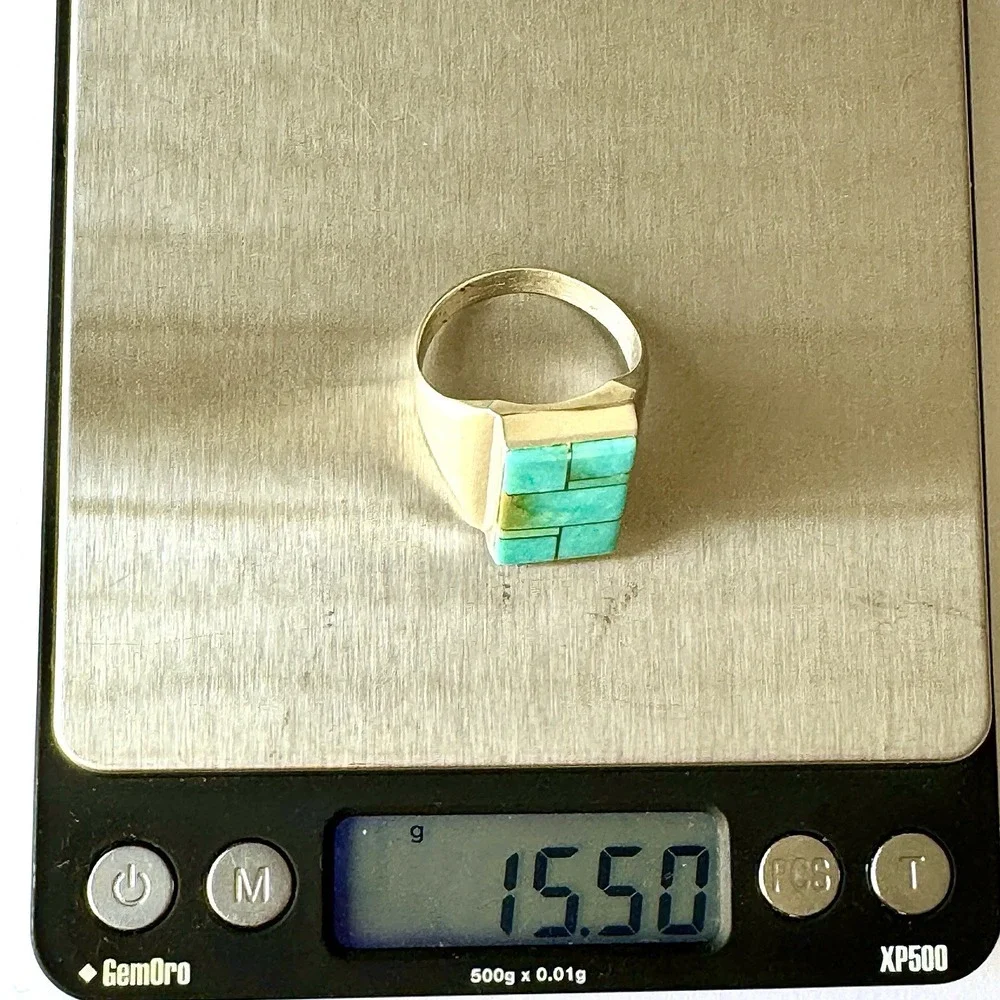 Navajo Turquoise Mens Ring Sz 13 Signed WG Sterling Inlay Rect‎ Native American